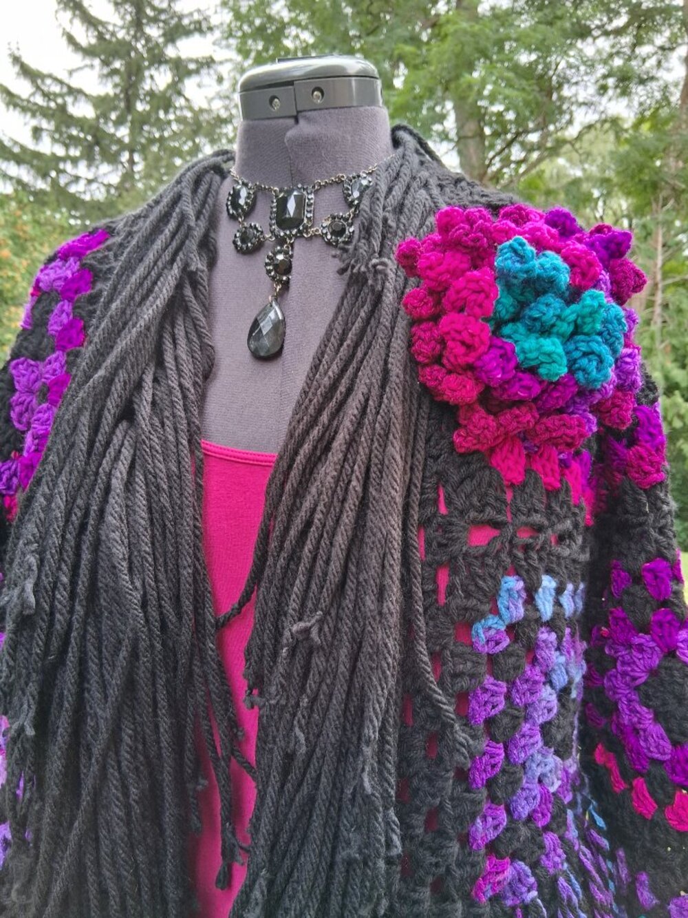 Boho Black Colorful Granny Square Super Fringe Sweater Large - Picture 6 of 13